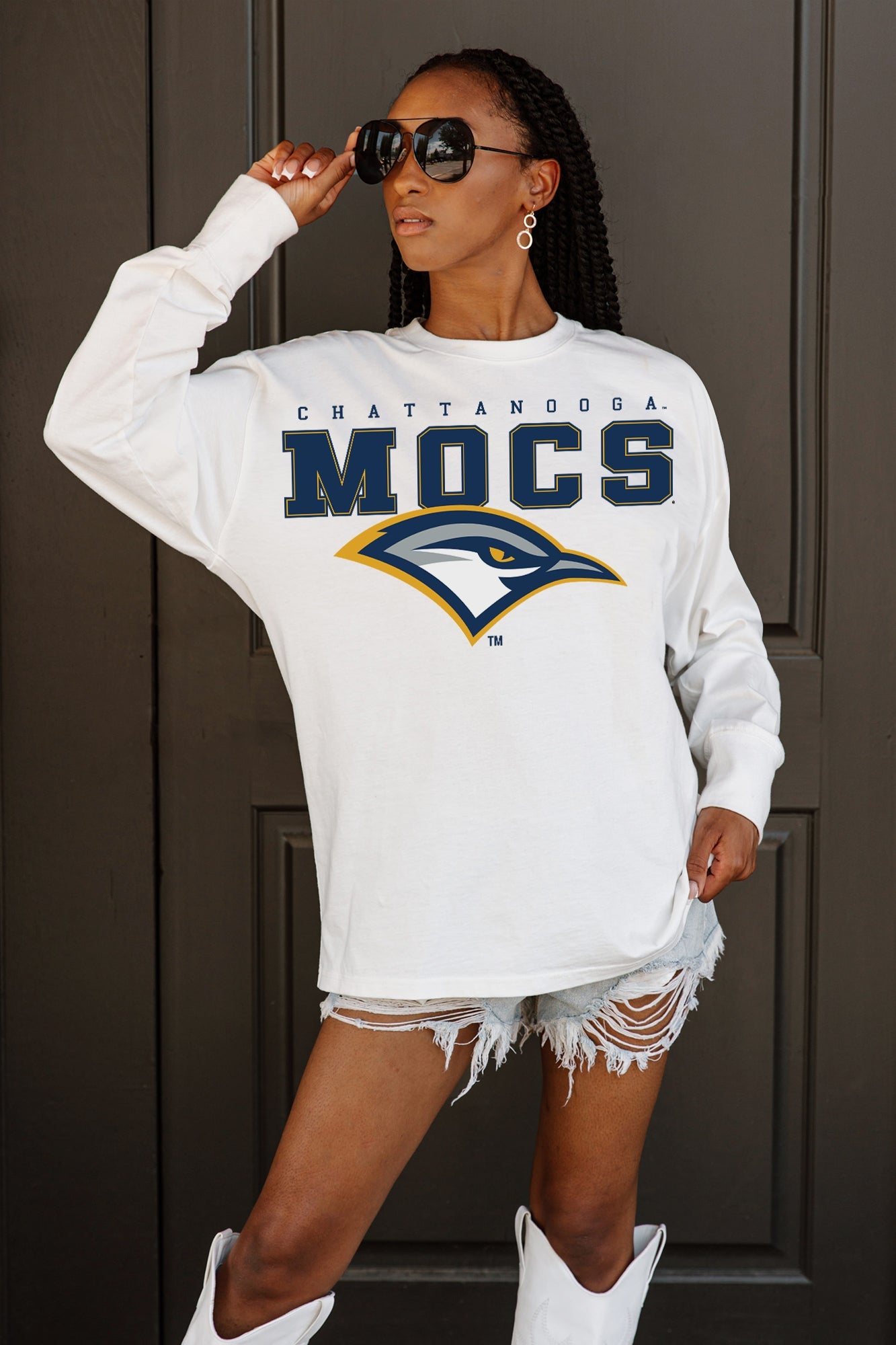 CHATTANOOGA MOCS BIG GOALS OVERSIZED LONG SLEEVE TEE WITH RIBBED NECKLINE AND CUFFS