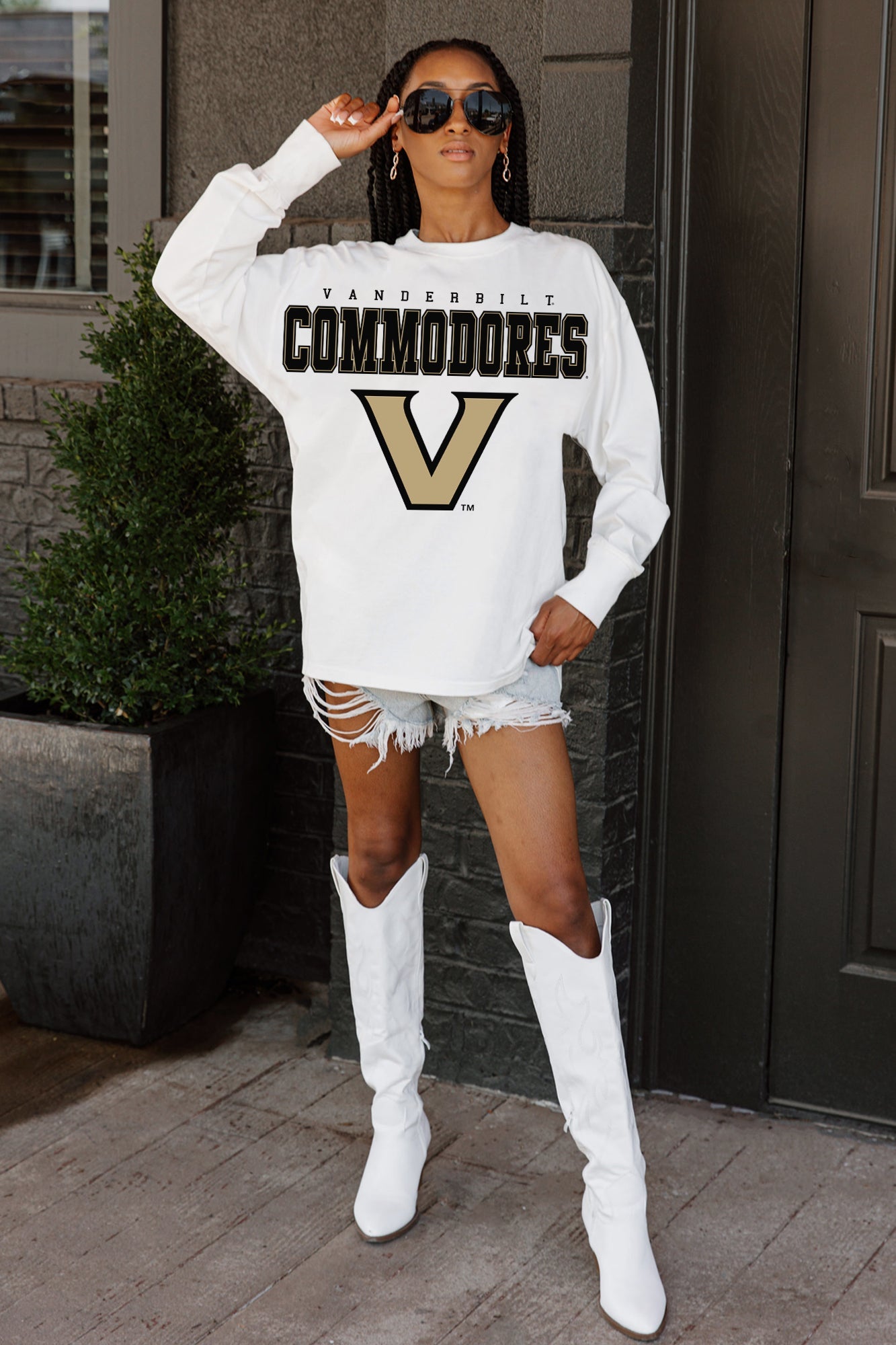 White VANDERBILT COMMODORES BIG GOALS OVERSIZED LONG SLEEVE TEE - On Model Full Body | Gameday Couture - SOHO