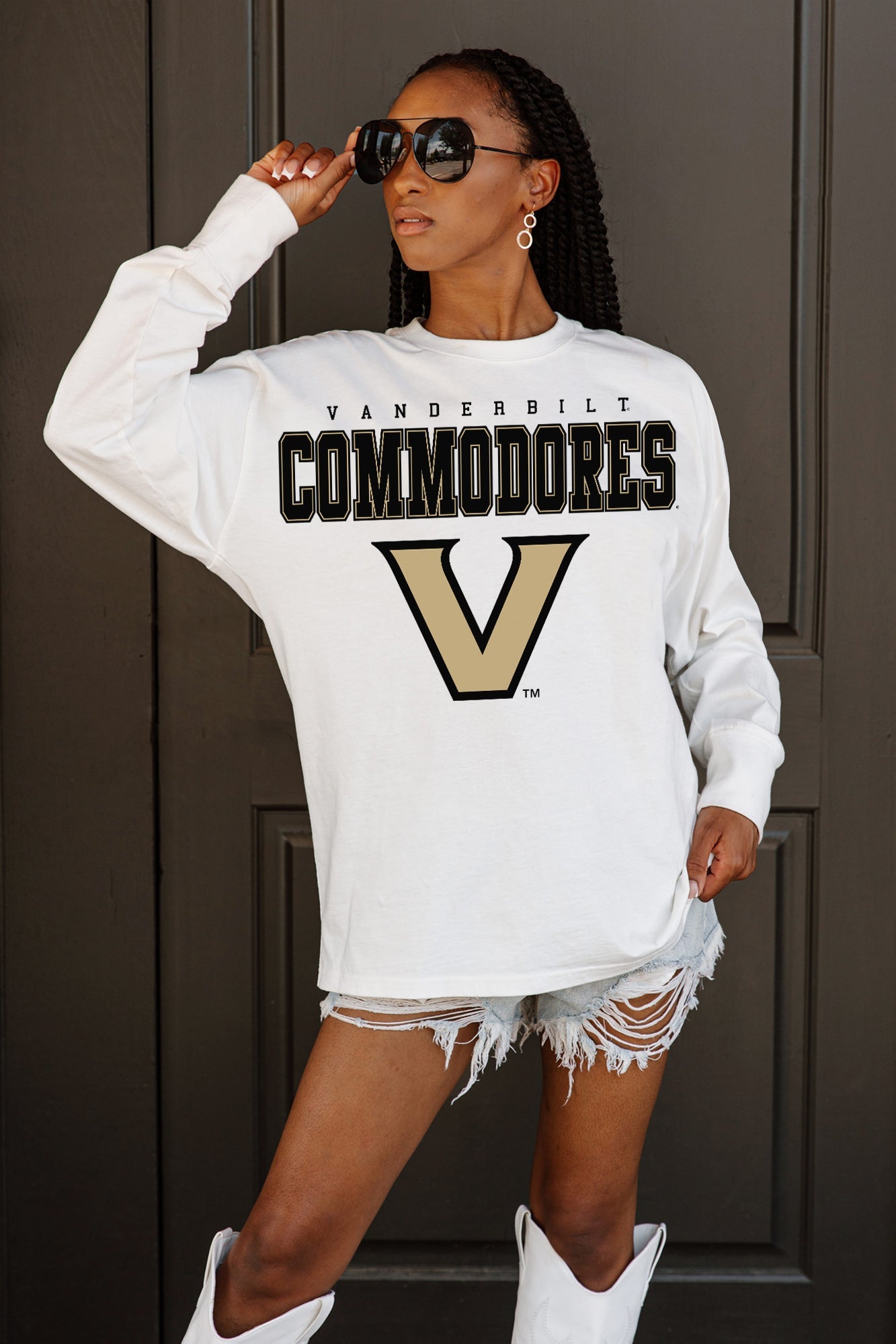 White VANDERBILT COMMODORES BIG GOALS OVERSIZED LONG SLEEVE TEE - Front Logo Detail | Gameday Couture - SOHO