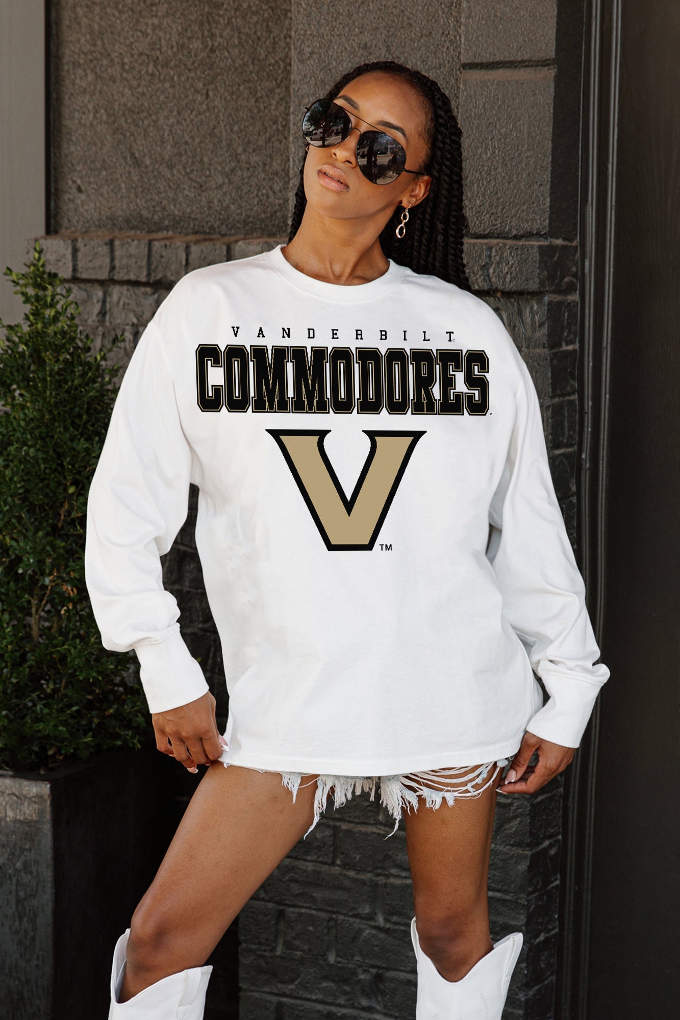 White VANDERBILT COMMODORES BIG GOALS OVERSIZED LONG SLEEVE TEE - Front View On Model | Gameday Couture - SOHO