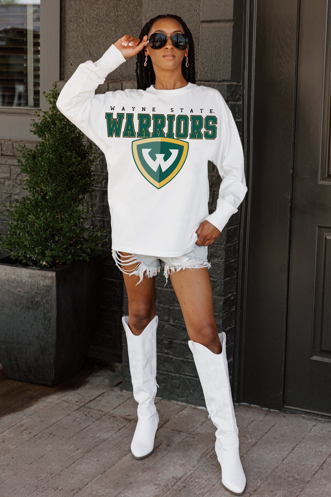 White Wayne State Warriors Big Goals Oversized Long Sleeve Tee - Full Body Styled Look | Gameday Couture - SOHO