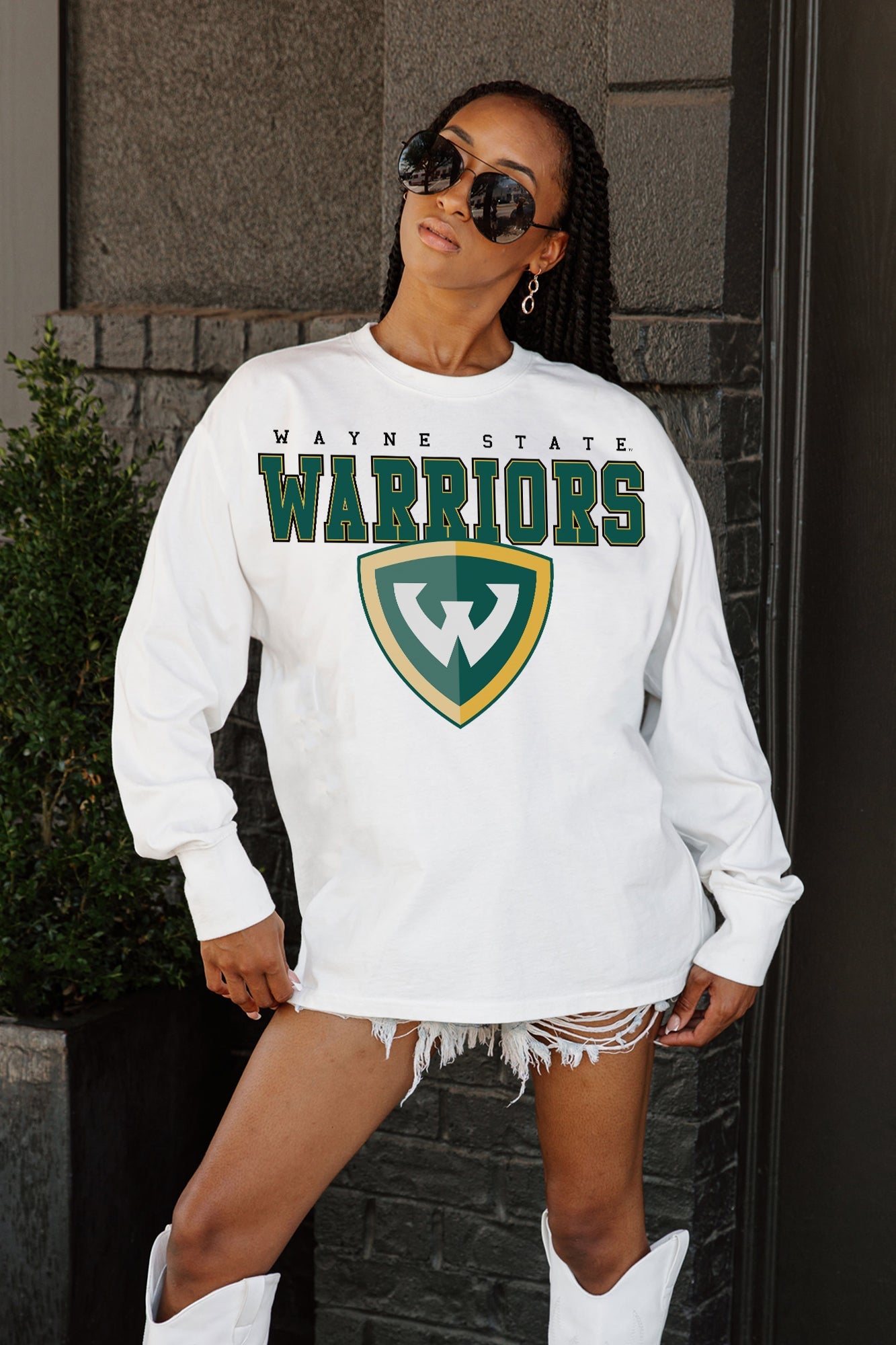 White Wayne State Warriors Big Goals Oversized Long Sleeve Tee - Three Quarter Front View On Model | Gameday Couture - SOHO
