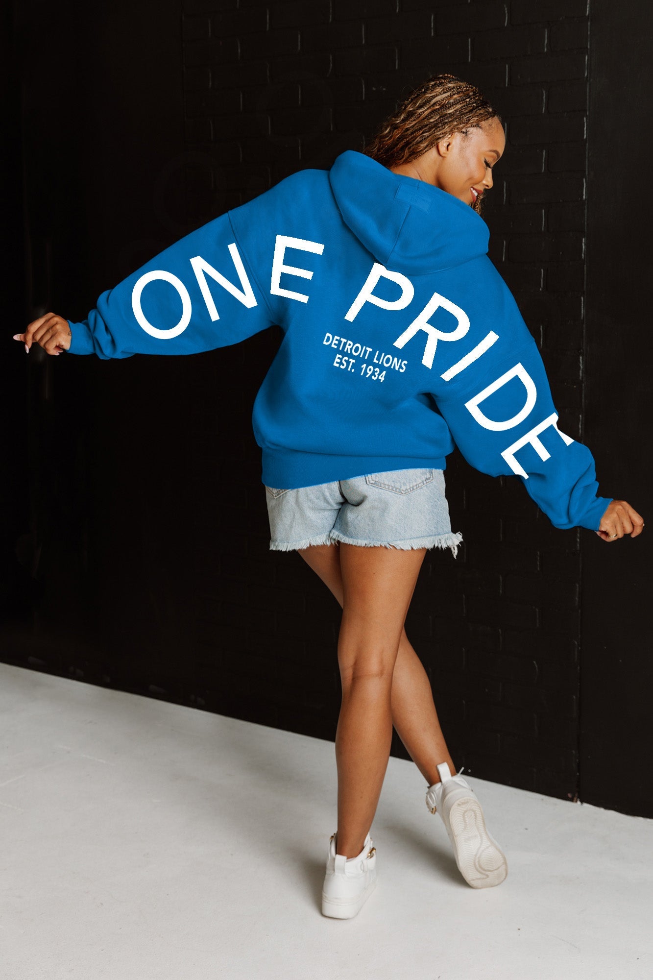 Blue Detroit Lions Never Stop Oversized Premium Hoodie - Back View On Model | Gameday Couture - SOHO