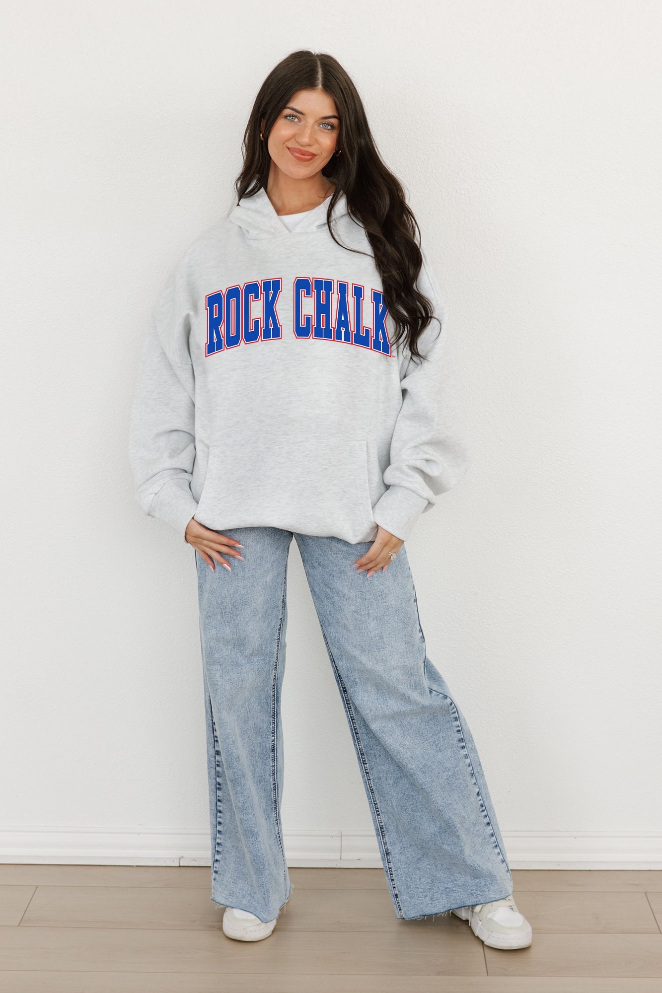 Ash Kansas Jayhawks Winning Look Oversized Hoodie by Madi Prewett Troutt - Full Length Front On Model | Gameday Couture - SOHO