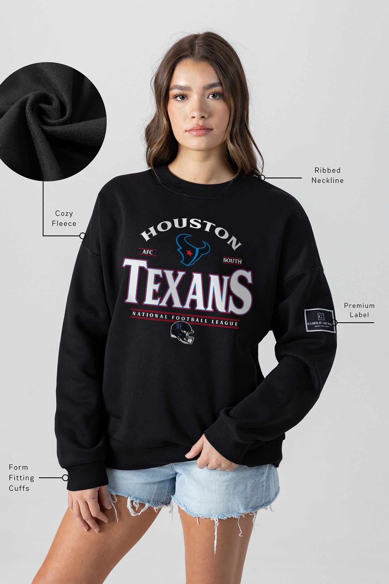 HOUSTON TEXANS PLAYERS ONLY BLACK LABEL PREMIUM FLEECE DROP SHOULDER CREWNECK