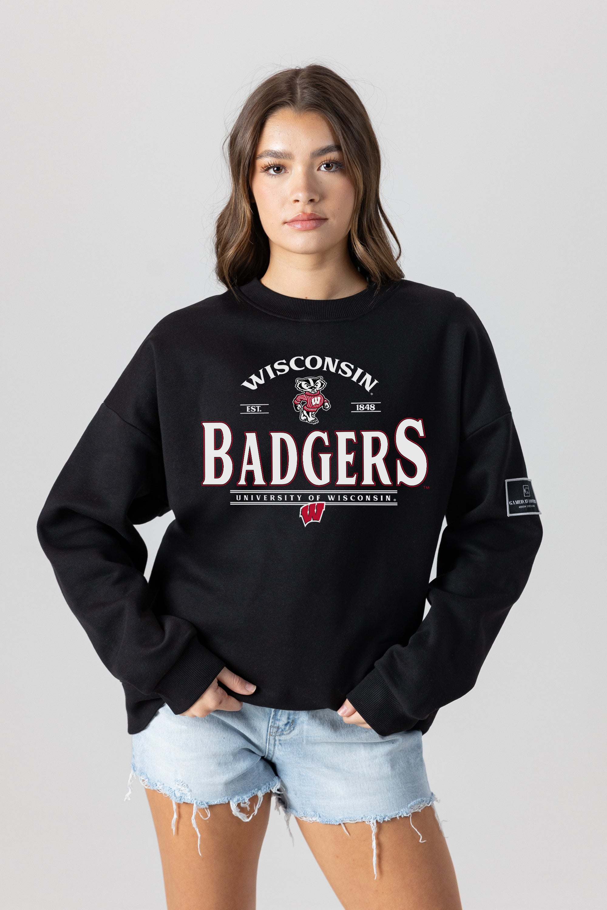 WISCONSIN BADGERS PLAYERS ONLY BLACK LABEL PREMIUM FLEECE DROP SHOULDER CREWNECK