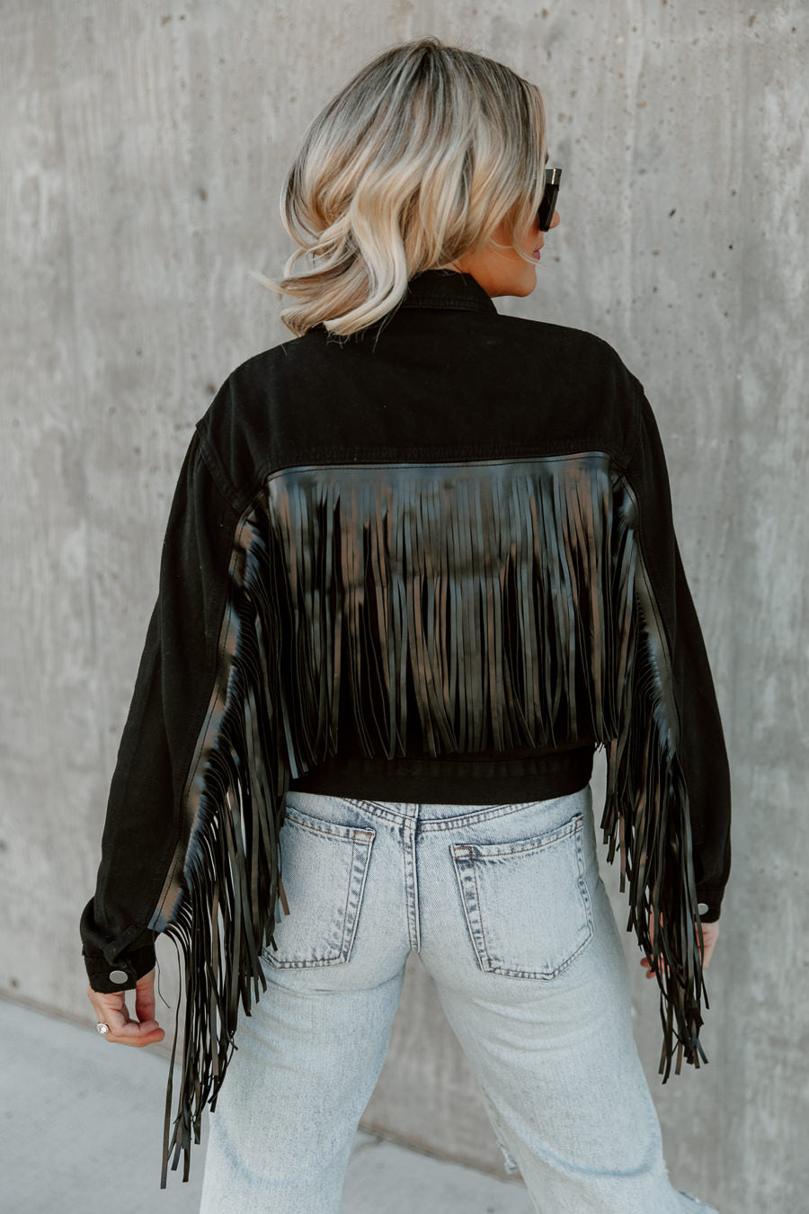 JOLENE CROPPED FRINGE DENIM JACKET IN BLACK