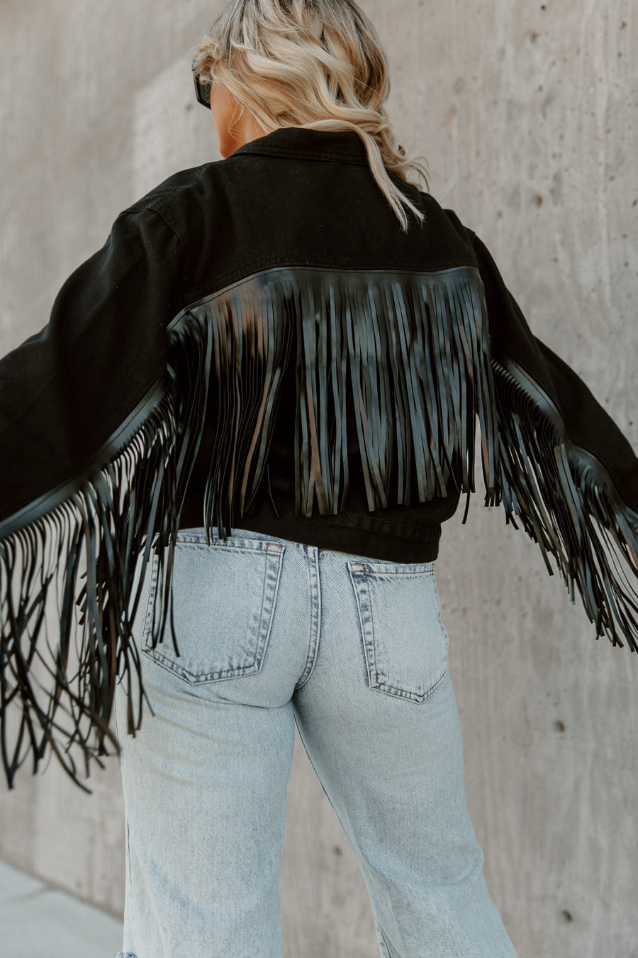 JOLENE CROPPED FRINGE DENIM JACKET IN BLACK - Back Detail Close Up | Gameday Couture - SOHO