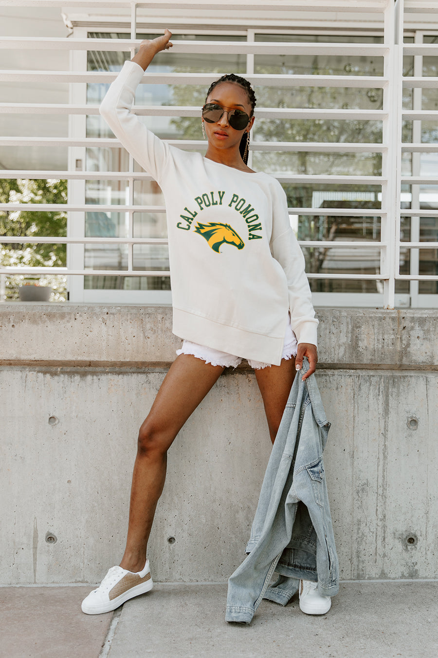 Ivory Cal Poly Pomona Broncos Vintage Pullover - Model Standing | Gameday Couture - SOHO