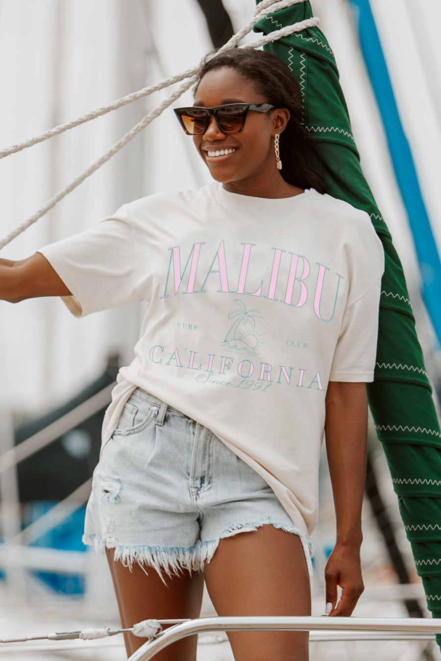 Cream Malibu California Vintage Boyfriend Tee - Model Front View | Gameday Couture - SOHO