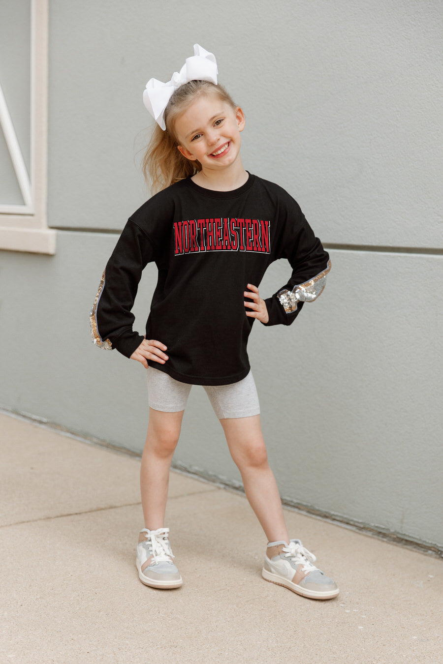 Black Northeastern Huskies GUESS WHO'S BACK Kids Sequin Yoke Pullover - On Model Front View | Gameday Couture - SOHO