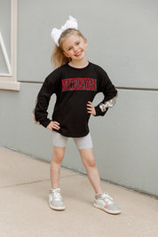 Black Northeastern Huskies GUESS WHO'S BACK Kids Sequin Yoke Pullover - On Model Front View | Gameday Couture - SOHO
