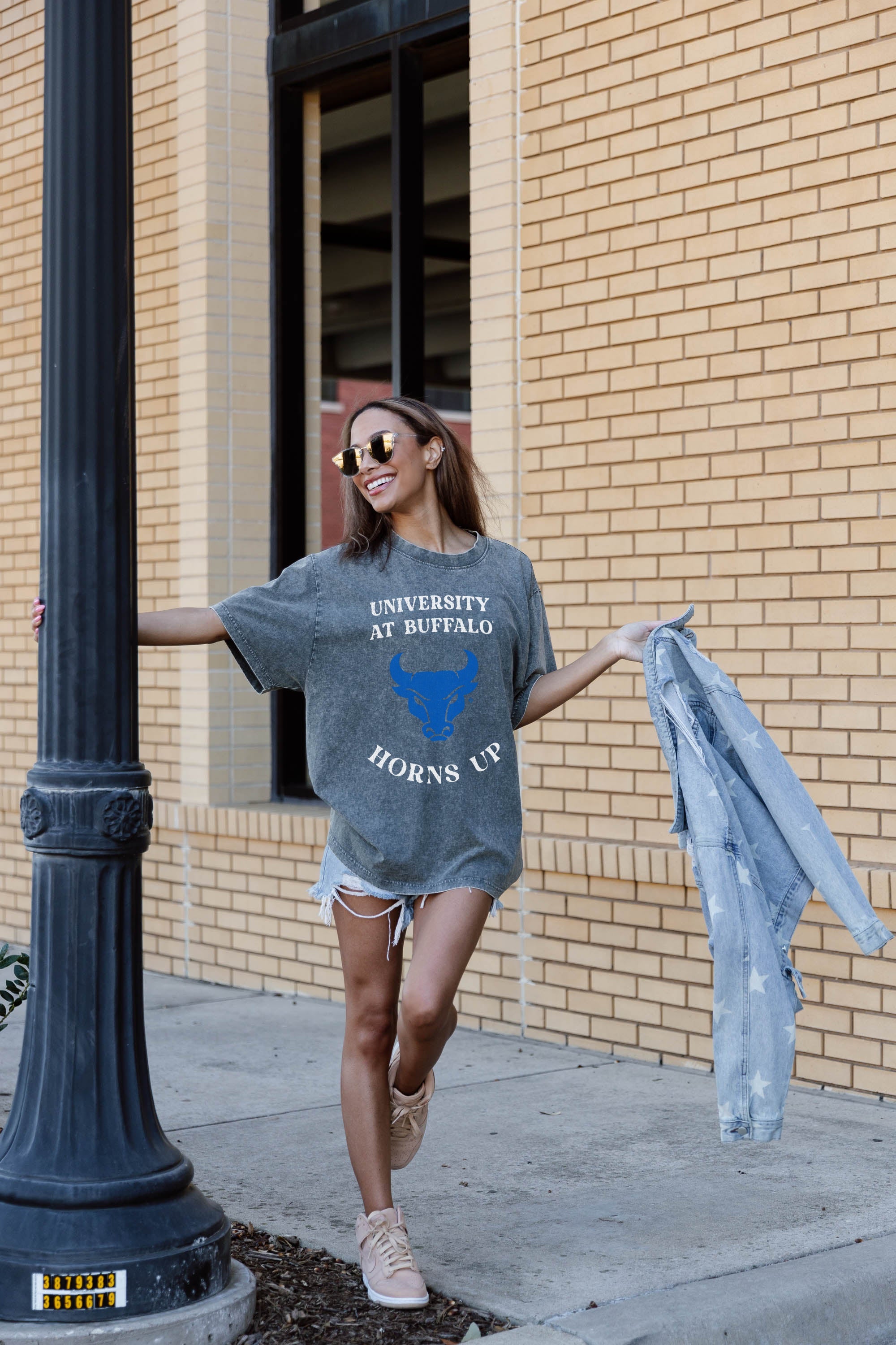 Grey Buffalo Bulls Brightest Star Oversized Crewneck Tee - On Model Lifestyle Pose, Washed Cotton | Gameday Couture - SOHO