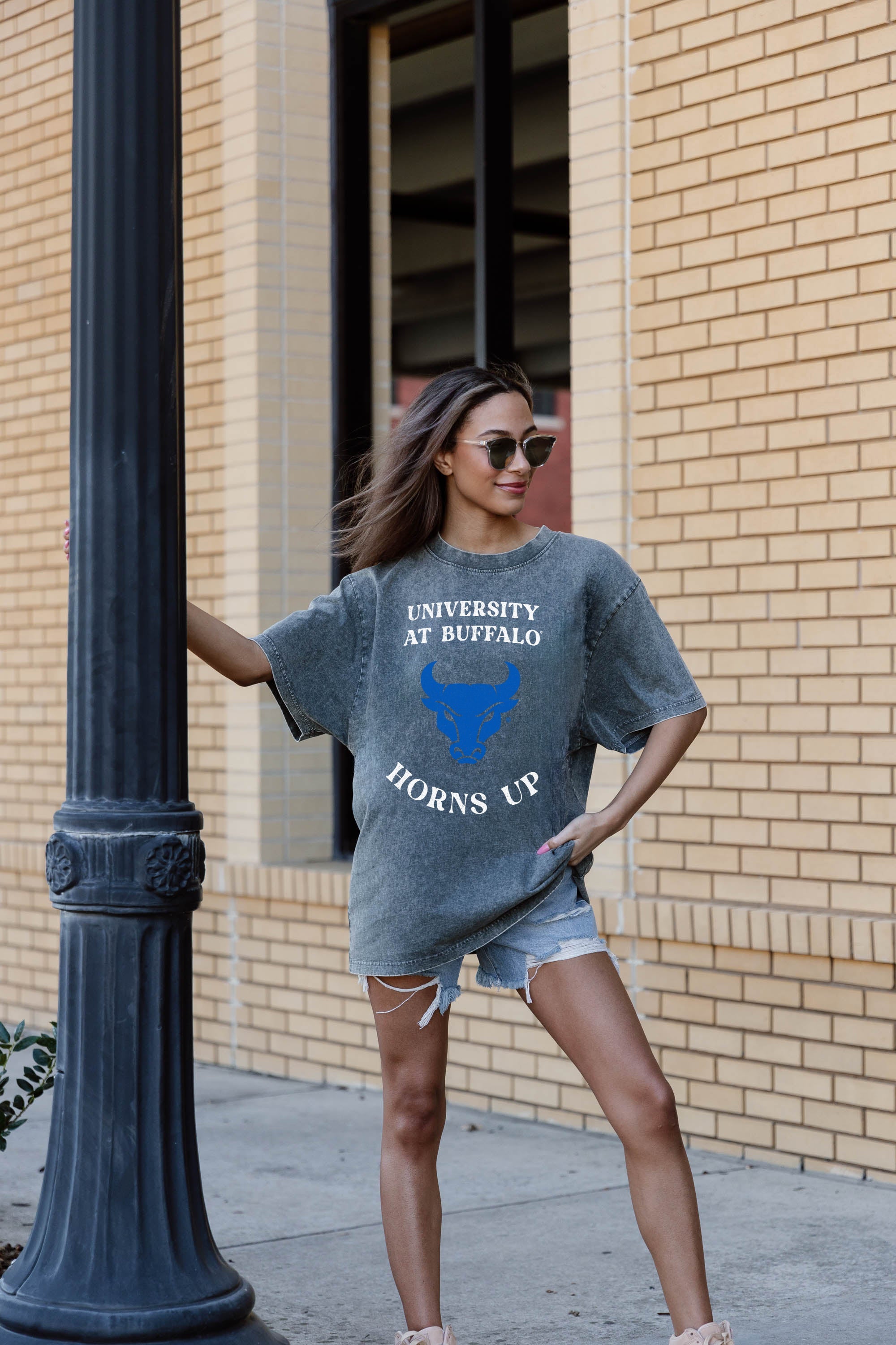 Grey Buffalo Bulls Brightest Star Oversized Crewneck Tee - On Model Side Profile, Relaxed Fit | Gameday Couture - SOHO