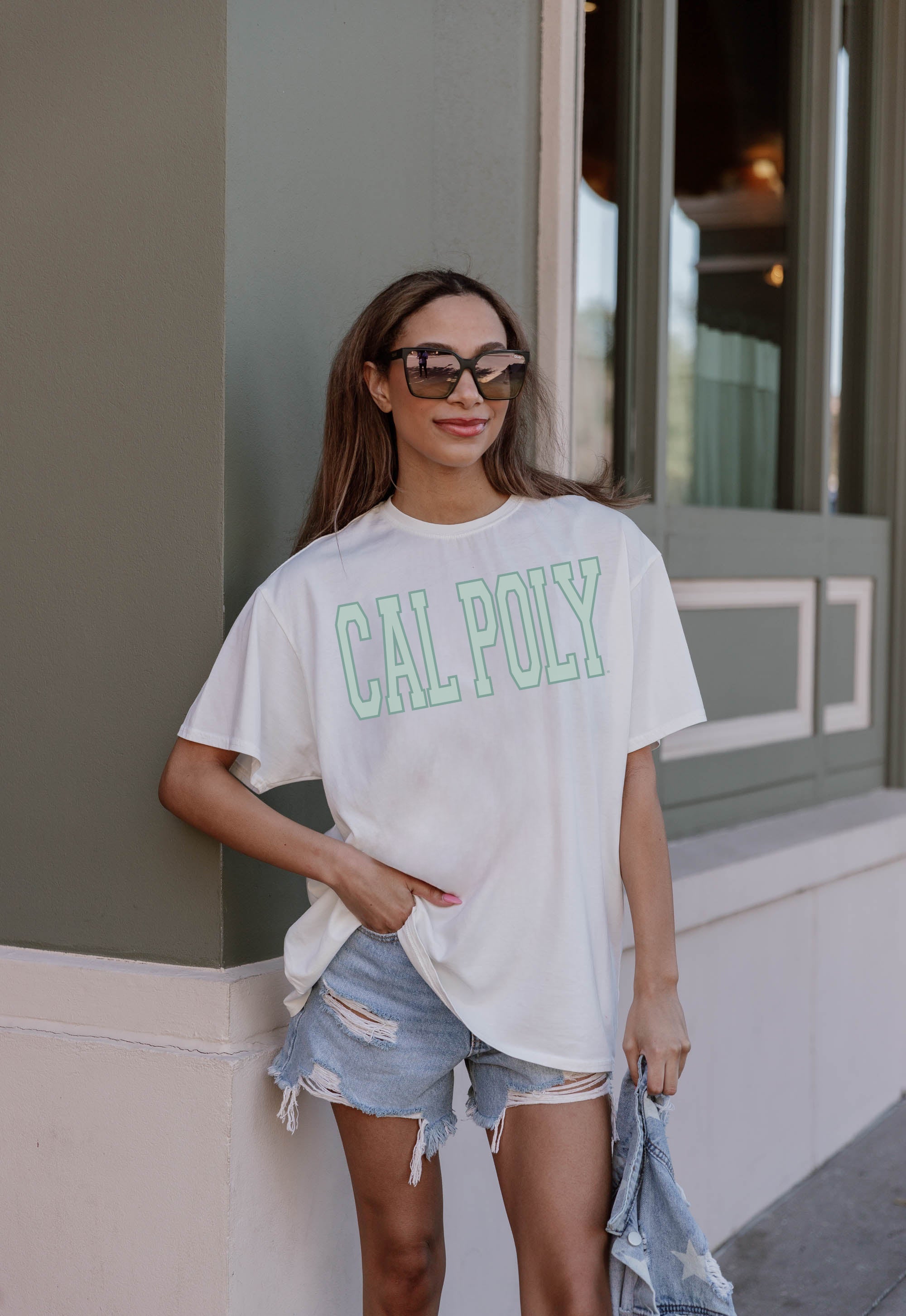 CAL POLY MUSTANGS Gameday Era Oversized Crewneck Tee - Front Detail View On Model | Gameday Couture - SOHO