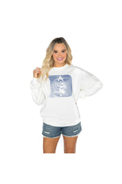 White DUKE BLUE DEVILS RUN IT BACK PREMIUM FLEECE DROP SHOULDER CREWNECK PULLOVER - On Model Styled | Gameday Couture - SOHO