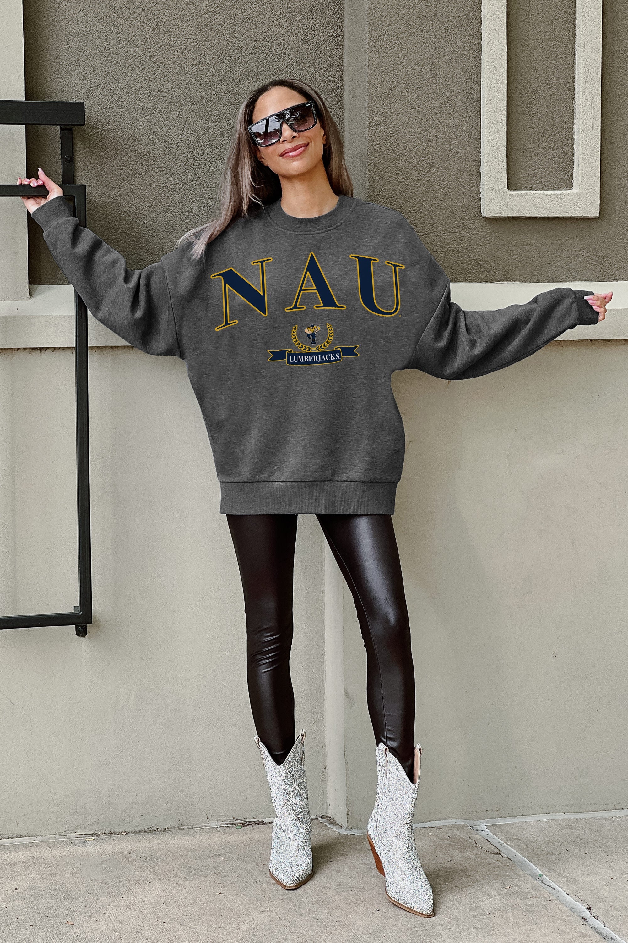 NORTHERN ARIZONA LUMBERJACKS SEAL THE DEAL PREMIUM FLEECE DROP SHOULDER CREWNECK PULLOVER