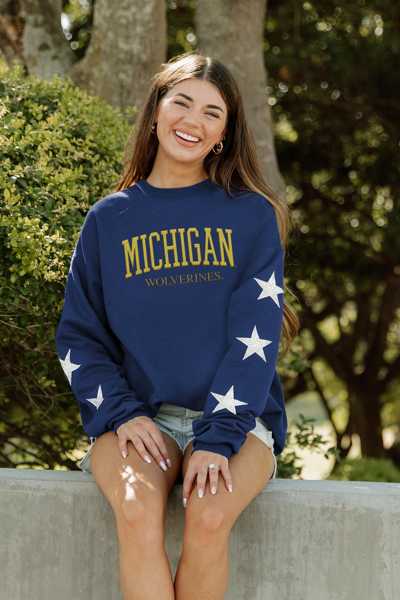 MICHIGAN WOLVERINES WINNING TEAM EMBELLISHED SLEEVE CREWNECK PULLOVER BY MADI PREWETT TROUTT