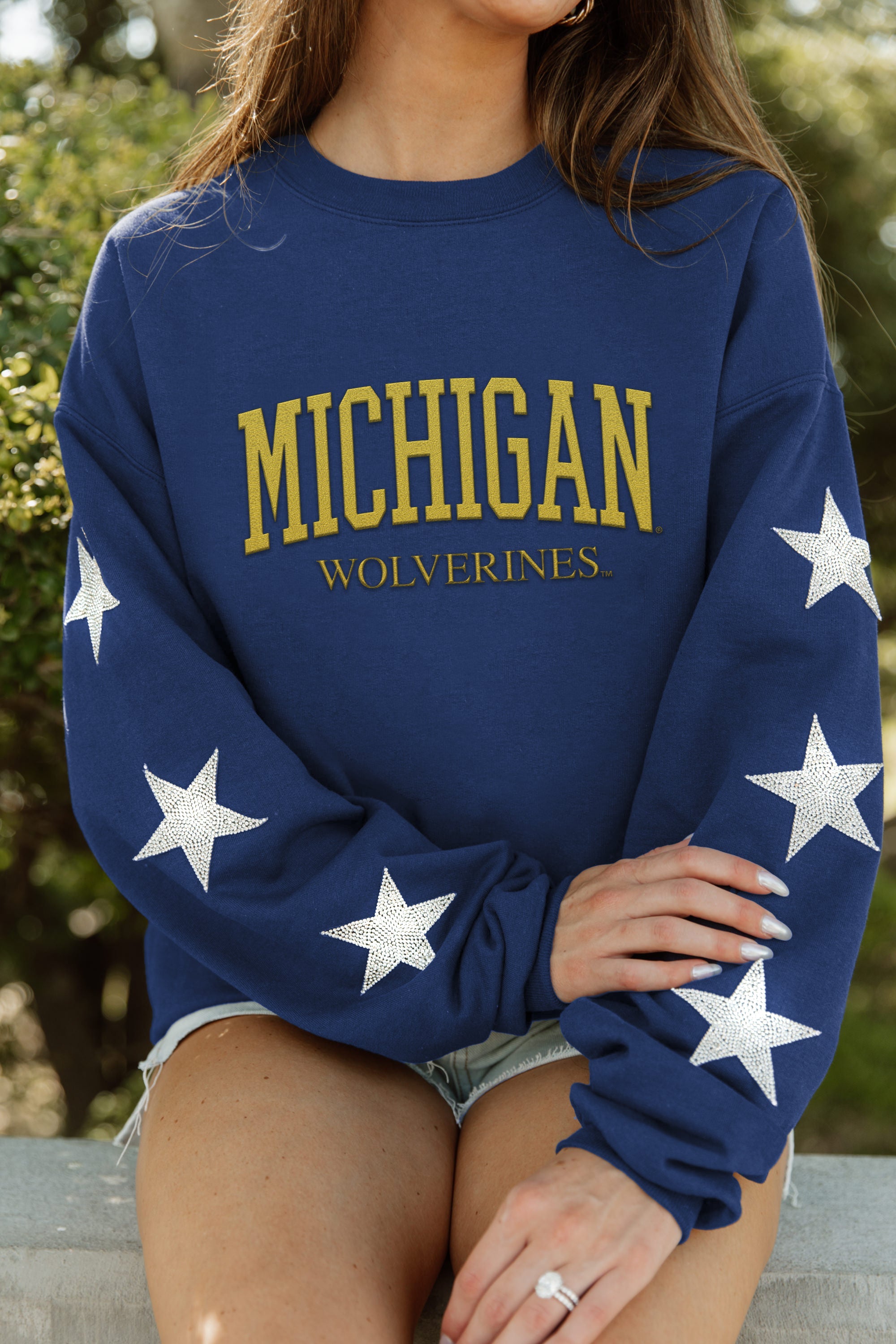 MICHIGAN WOLVERINES WINNING TEAM EMBELLISHED SLEEVE CREWNECK PULLOVER BY MADI PREWETT TROUTT