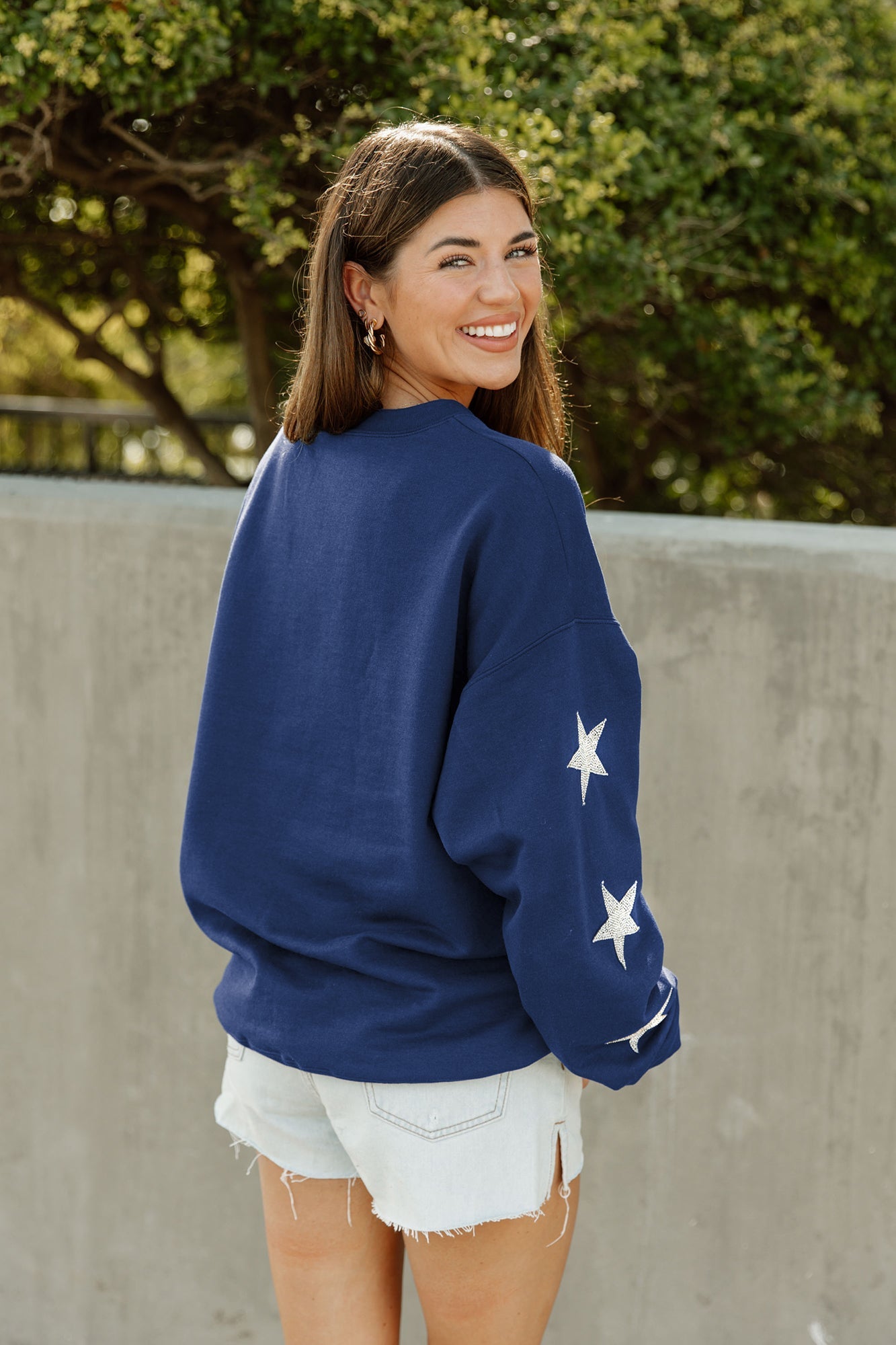 MICHIGAN WOLVERINES WINNING TEAM EMBELLISHED SLEEVE CREWNECK PULLOVER BY MADI PREWETT TROUTT