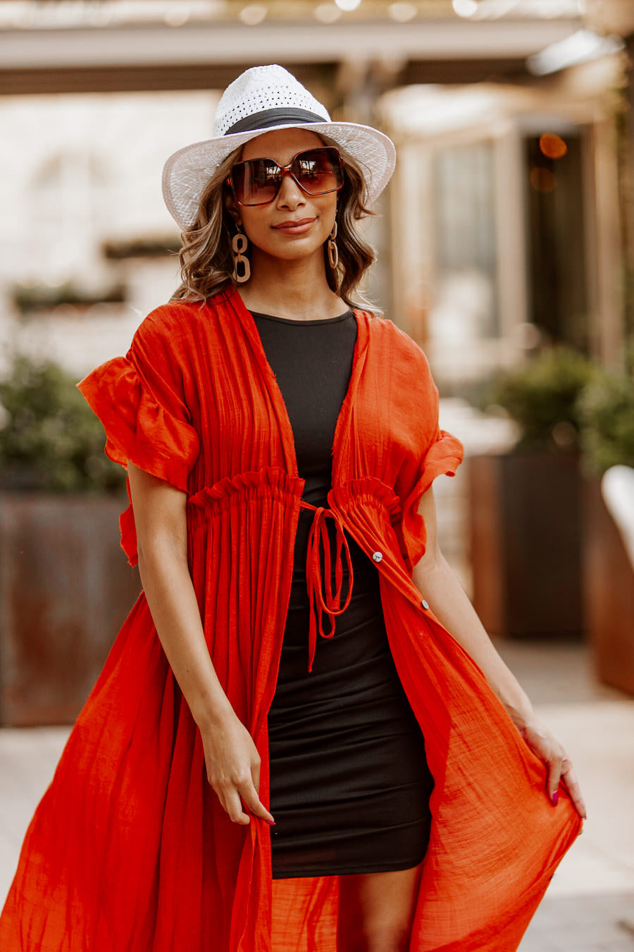 RILEY BUTTON DOWN MAXI KIMONO IN RUST - Front View | Gameday Couture - SOHO