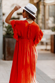 RILEY BUTTON DOWN MAXI KIMONO IN RUST - Back View | Gameday Couture - SOHO