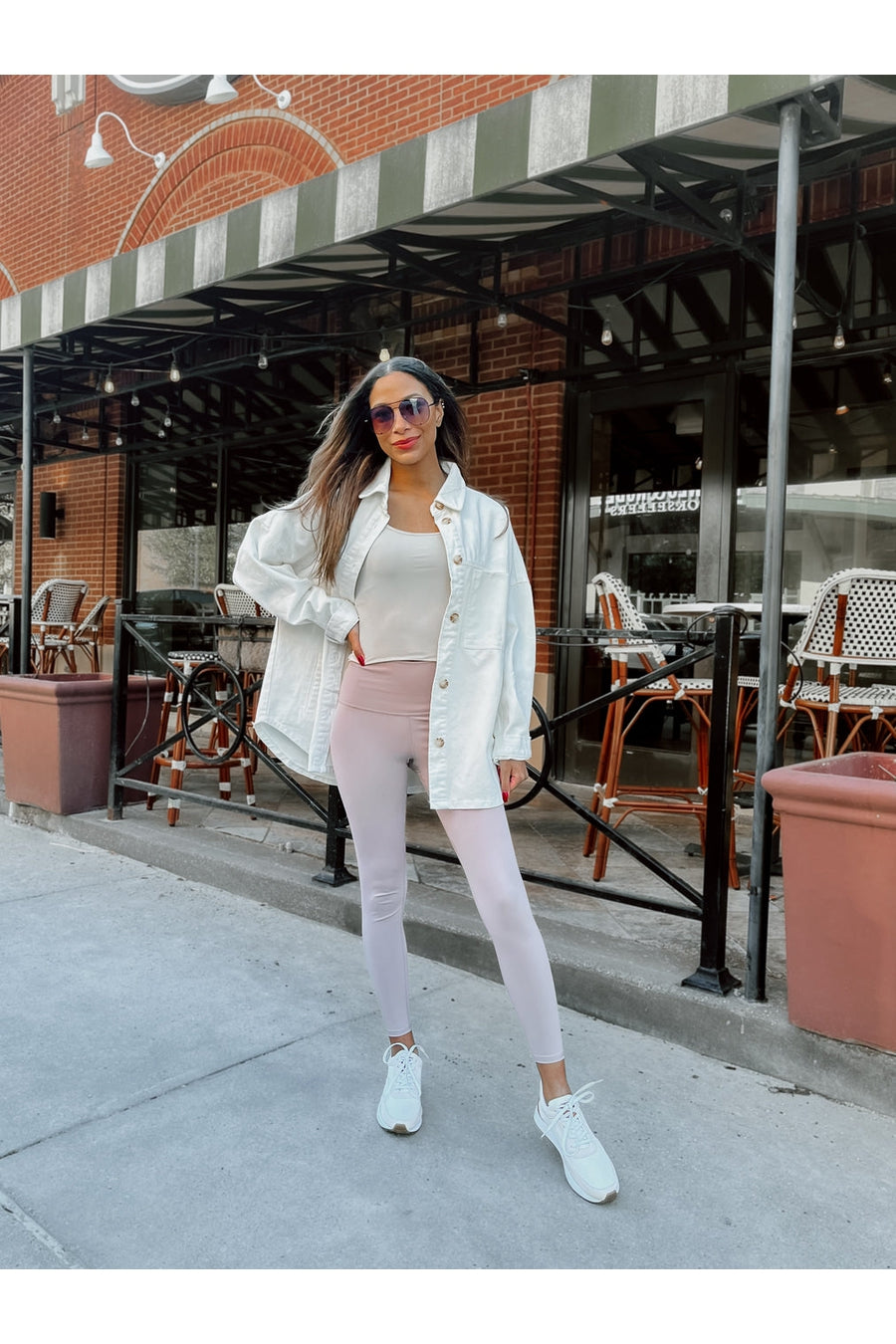 White Denim Ava Oversized Shacket - Urban Street Style Shot | Gameday Couture - SOHO
