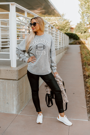 TAILGATES AND TOUCHDOWNS FADED WASH PULLOVER - On Model Lifestyle | Gameday Couture - SOHO