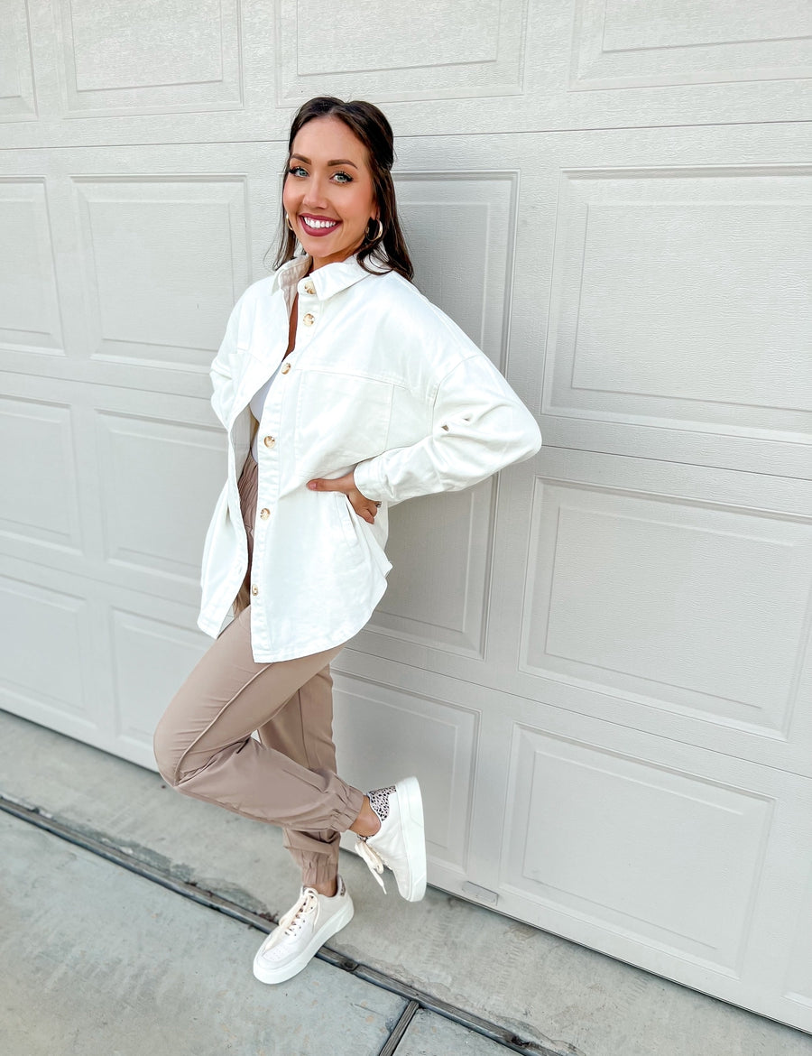 Ivory Denim Ava Oversized Shacket - Full Length Side View | Gameday Couture - SOHO