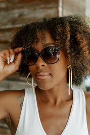 MOXI CLASSIC SUNGLASSES - Black On Model Close Up View | Gameday Couture - SOHO