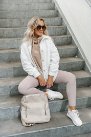 White Wash Denim Ava Oversized Shacket - Steps Sitting Portrait | Gameday Couture - SOHO